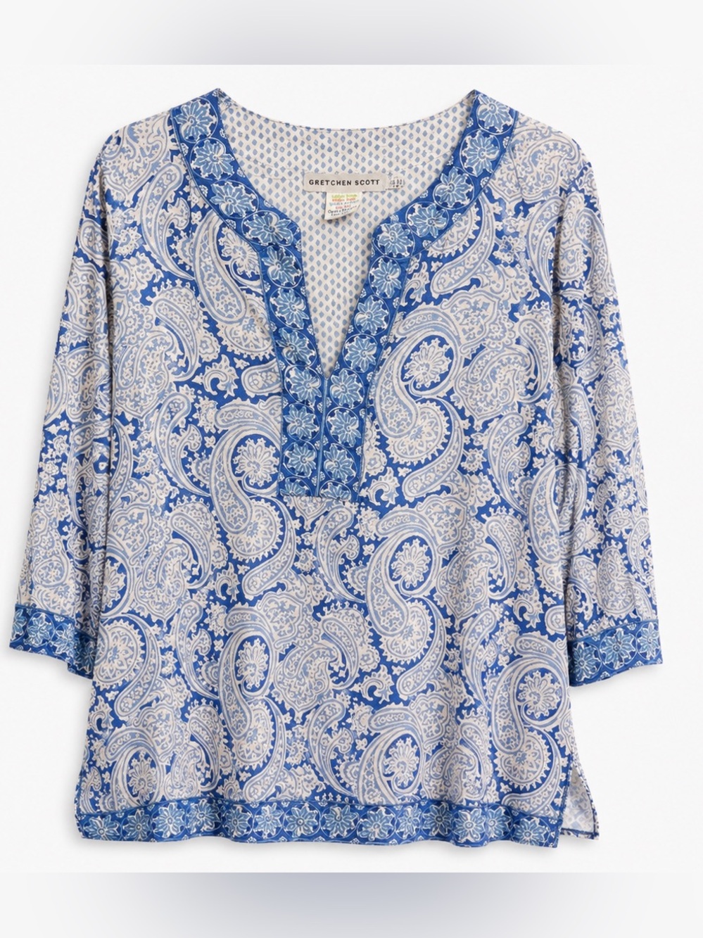 Gretchen Scott Blue White Paisley Cotton Tunic Top Womens Size XXL